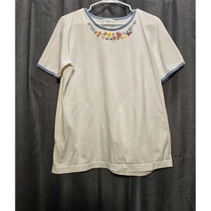 Susan Bristol‎ Embroidered Floral T-Shirt Blue Trim Short Sleeve Top Size Large
